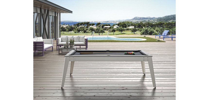 Billard Caraïbes Extérieur 203x116, pieds blancs, drap gris