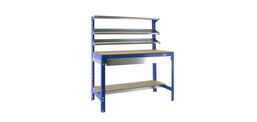 Banco de trabajo Simonwork BT1 con cajón y 3 estantes An 120 cm azul/madera