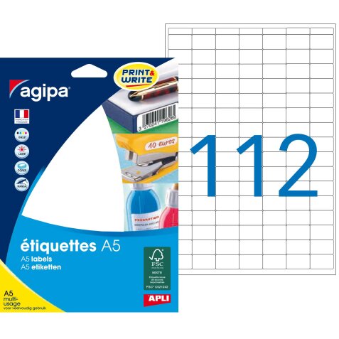 Etiquette adresse jet d'encre et laser Agipa - Etui A5 16 feuilles