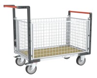 Chariot modulaire grillagé 2 dossiers + 2 ridelles plateau bois 500 kg 1200 x 800 mm roue TPE en rectangle