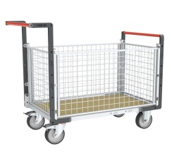 Chariot modulaire grillagé 2 dossiers + 2 ridelles plateau bois 500 kg 1200 x 800 mm roue TPE en rectangle