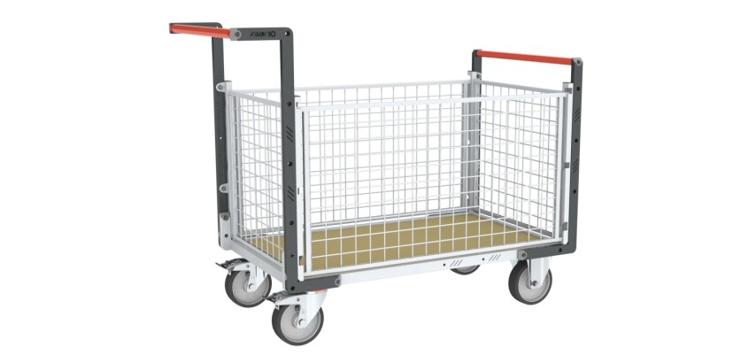 Chariot modulaire grillagé 2 dossiers + 2 ridelles plateau bois 500 kg 1200 x 800 mm roue TPE en rectangle