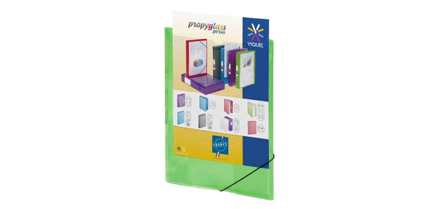 Chemise à élastique 3 rabats plastique personnalisable PROPYGLASS  Viquel 24 x 32 cm dos 1,5 cm couleur transparente verte