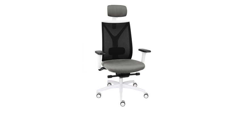 Ergonomischer Bürostuhl VALIO, Stoff und Mesh, mit 4D-Armlehnen und Kopfstütze, synchroner Mechanismus, weiße Füße