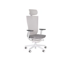 Chaise de bureau ergonomique Marti, tissu et maille, mécanisme synchrone + réglage profondeur d'assise, appui-tête, accoudoirs 3D , piètement roulettes blanc