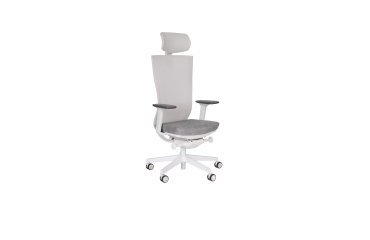 Chaise de bureau ergonomique Marti, tissu et maille, mécanisme synchrone + réglage profondeur d'assise, appui-tête, accoudoirs 3D , piètement roulettes blanc