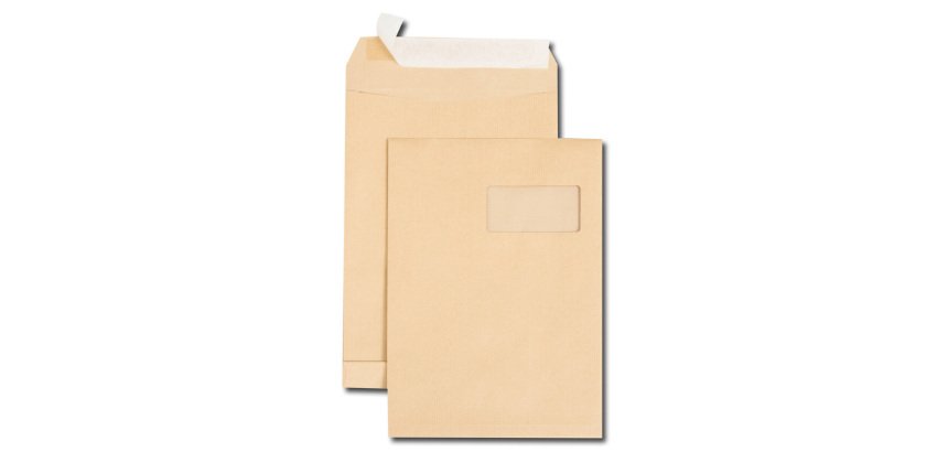 Boite de 250 sacs à soufflets kraft brun C4 229x324 120 g/m² fenêtre 100x50 (25/52) bande de protection