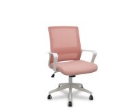 Fauteuil inclinable Ergo535 blanc avec dossier en maille rose, assise en tissu rose et roulettes en nylon