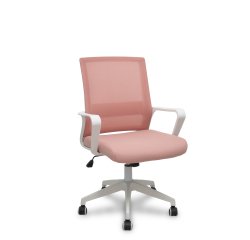 Fauteuil inclinable Ergo535 blanc avec dossier en maille rose, assise en tissu rose et roulettes en nylon