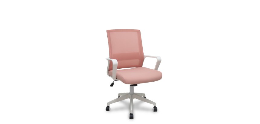 Kantelstoel Ergo535 wit met roze mesh rugleuning, roze stoffen zitting en nylon wielen