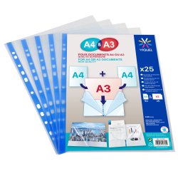 Pochettes perforées Viquel Double A4/A3 polypropylène lisse 8/100 - sachet de 25