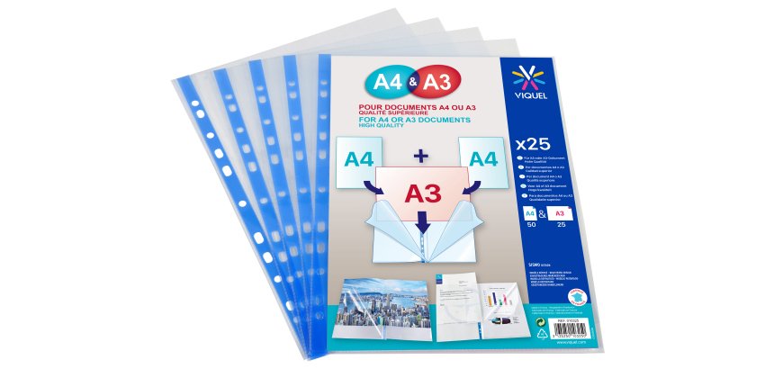 Pochettes perforées Viquel Double A4/A3 polypropylène lisse 8/100 - sachet de 25