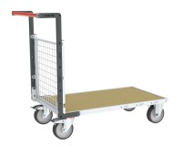 Chariot modulaire grillagé 1 dossier plateau bois 1000 x 600 mm roues rectangle 500 kg