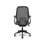 Chaise de bureau- Ergo529, dossier en maille noire, assise en tissu gris, piètement pyramidal, roulettes en nylon