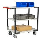 Servante Flatpack, 3 plateaux mélaminé, 850 x 500 mm, roues TPE, 250 kg