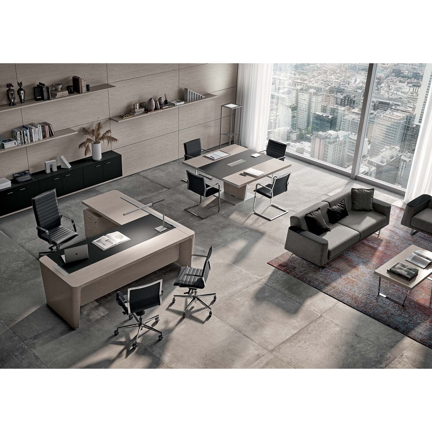 Bureau d'angle direction Xennon L.190 x P.220 avec retour sur caisson et sous-main en cuir