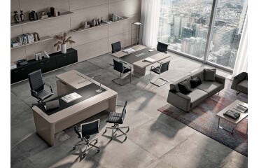 Hoekbureau Xennon L 190 x D 220 cm met bijzet op ladeblok en onderlegger in leder