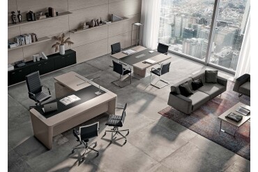Bureau d'angle direction Xennon L.190 x P.220 avec retour sur caisson et sous-main en cuir