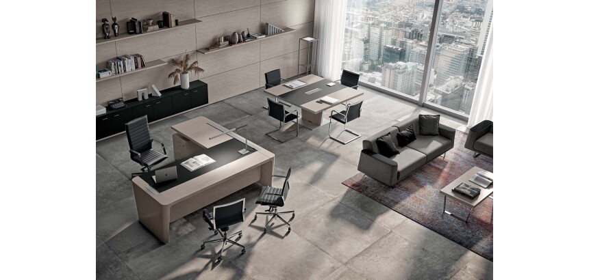 Xennon L-shaped executive desk L.190 x D.220 with pedestal return and leather desk pad