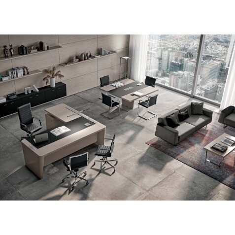 Bureau d'angle direction Xennon L.190 x P.220 avec retour sur caisson et sous-main en cuir