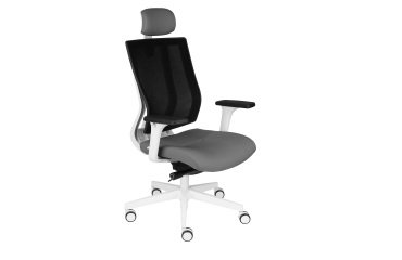 Fauteuil de bureau ergonomique MAXPRO BLANC, tissu et maille, avec accoudoirs 2D et appui-tête, mécanisme synchrone, pieds blancs