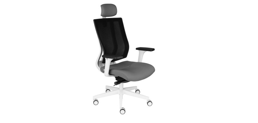 Fauteuil de bureau ergonomique MAXPRO BLANC, tissu et maille, avec accoudoirs 2D et appui-tête, mécanisme synchrone, pieds blancs