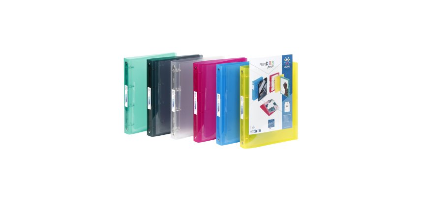 Classeur 4 anneaux plastifié Viquel Propyglass personnalisable A4 – Dos 3.5 cm couleurs assorties translucides