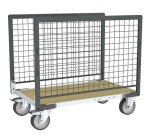 Chariot modulaire grillagé 2 ridelles plateau bois 500 kg 1000 x 600 mm roue TPE en rectangle