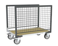 Chariot modulaire grillagé 2 ridelles plateau bois 500 kg 1000 x 600 mm roue TPE en rectangle