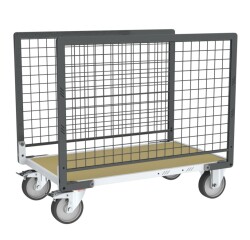 Chariot modulaire grillagé 2 ridelles plateau bois 500 kg 1000 x 600 mm roue TPE en rectangle