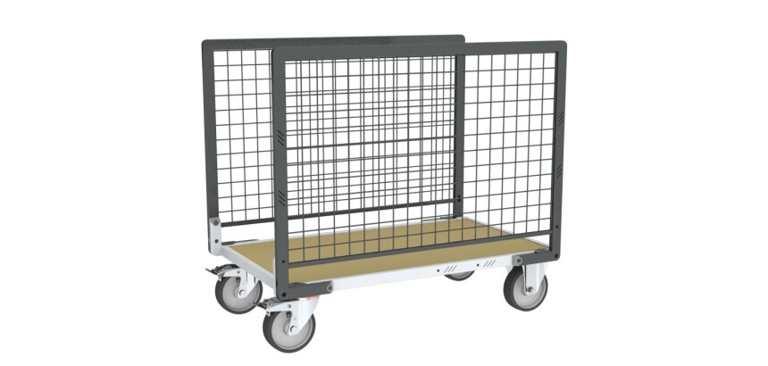 Chariot modulaire grillagé 2 ridelles plateau bois 500 kg 1000 x 600 mm roue TPE en rectangle