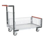 Chariot modulaire grillagé 1 dossier et 3 demi-ridelles plateau bois 1000 x 600 mm 250 kg