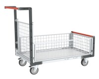 Chariot modulaire grillagé 1 dossier et 3 demi-ridelles plateau bois 1000 x 600 mm 250 kg