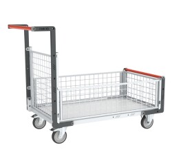 Chariot modulaire grillagé 1 dossier et 3 demi-ridelles plateau bois 1000 x 600 mm 250 kg