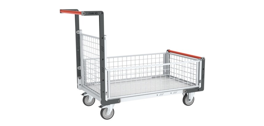 Chariot modulaire grillagé 1 dossier et 3 demi-ridelles plateau bois 1000 x 600 mm 250 kg