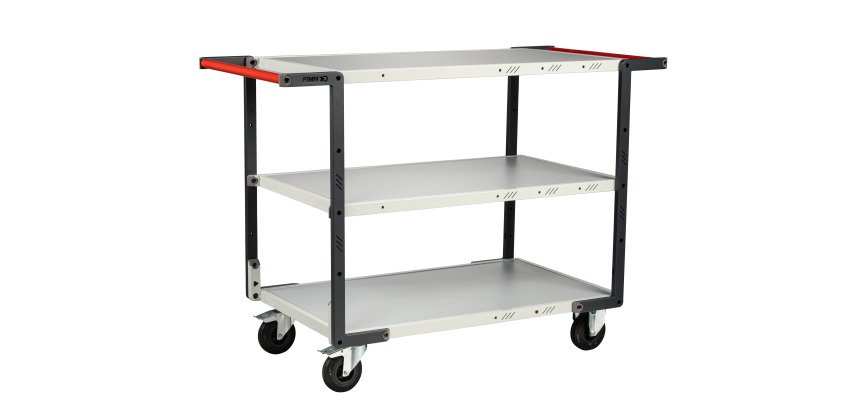 Servante Flatpack 3 plateaux mélaminés double poignée 250 kg 850 x 500 mm roue caoutchouc