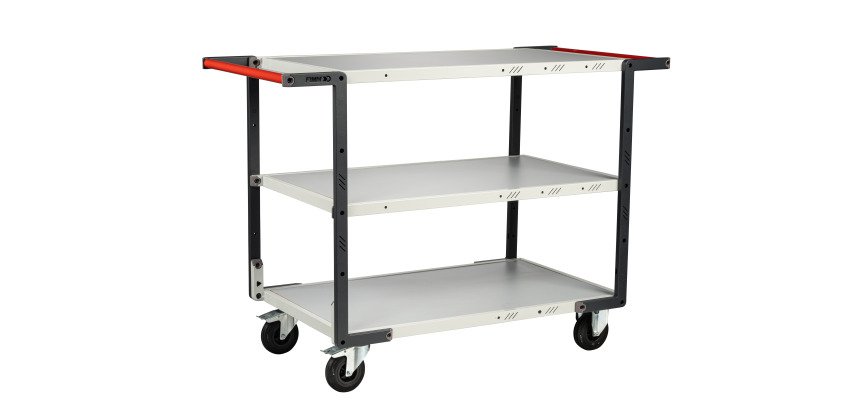 Servante Flatpack 3 plateaux mélaminés double poignée 250 kg 850 x 500 mm roue caoutchouc