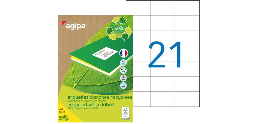 Etiquettes adresses multi-usages recyclées 70 x 42,4 mm Agipa - Boîte de 2100