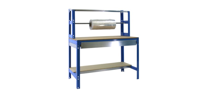 Banco de trabajo Simonwork BT4 con cajón, cuelga rollo, repisa An 90 cm azul/madera