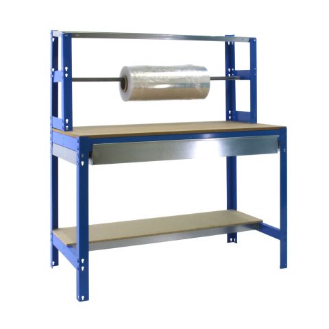Banco de trabajo Simonwork BT4 con cajón, cuelga rollo, repisa An 90 cm azul/madera