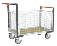 Chariot modulaire grillagé 2 dossiers + 2 ridelles plateau bois 500 kg 1000 x 600 mm roue TPE en rectangle