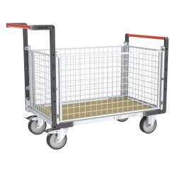 Chariot modulaire grillagé 2 dossiers + 2 ridelles plateau bois 500 kg 1000 x 600 mm roue TPE en rectangle
