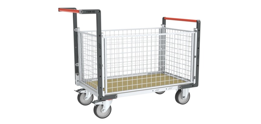 Chariot modulaire grillagé 2 dossiers + 2 ridelles plateau bois 500 kg 1000 x 600 mm roue TPE en rectangle