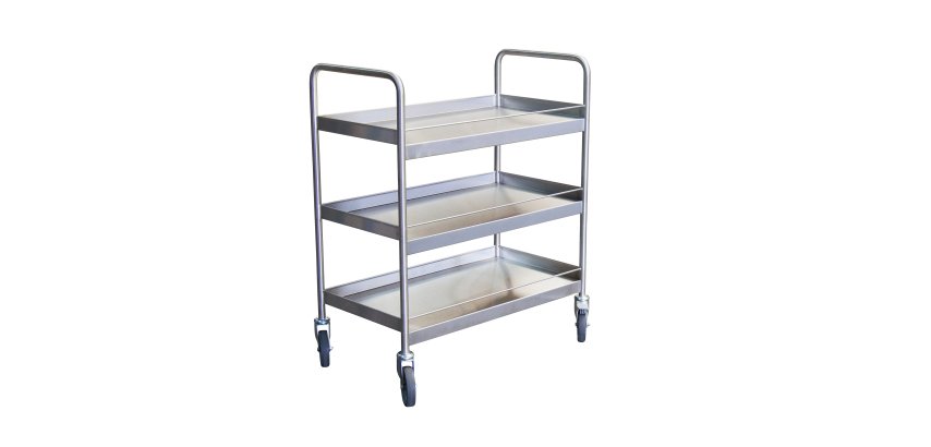 Desserte inox 304 L avec galeries de maintien 3 plateaux 300 kg 835 x 435 mm