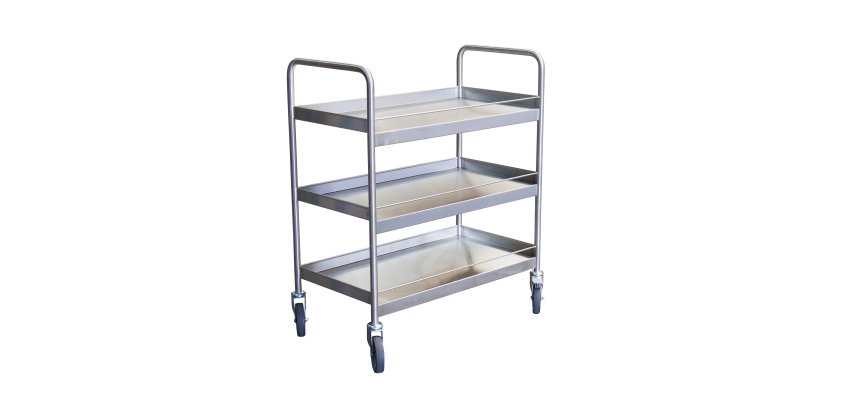 Desserte inox 304 L avec galeries de maintien 3 plateaux 300 kg 835 x 435 mm
