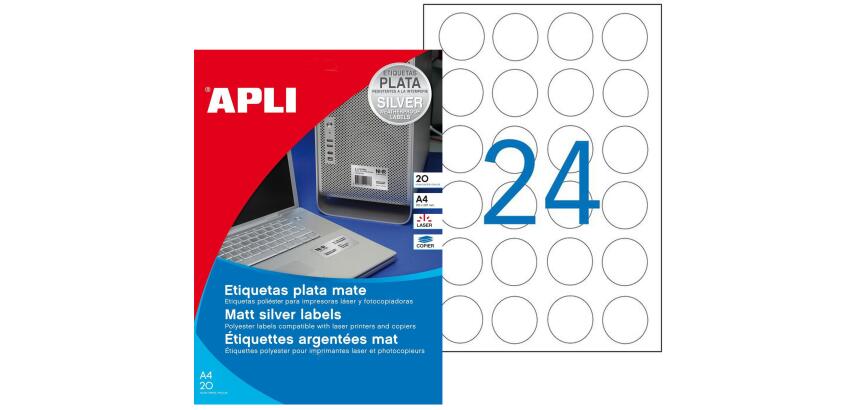 Etiquettes rondes polyester laser Ø 40 mm - Apli - argent métallisé – pochette de 480