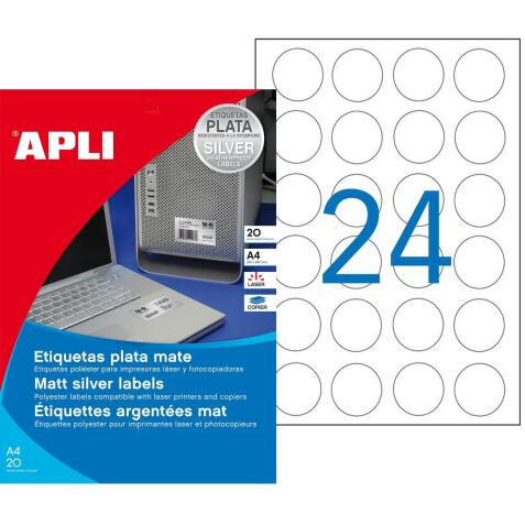 Etiquettes rondes polyester laser Ø 40 mm - Apli - argent métallisé – pochette de 480