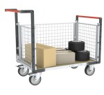 Chariot modulaire grillagé 2 dossiers + 1 ridelle plateau bois 500 kg 1200 x 800 mm roue TPE en rectangle