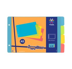 Intercalaires A5 en polypropylène Viquel Happy Fluo 4 onglets - 1 jeu