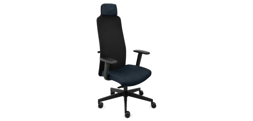 Fauteuil de bureau ergonomique MIKE B, tissu et maille, avec accoudoirs 1D et appui-tête, mécanisme synchrone, pieds noirs - Bleu marine